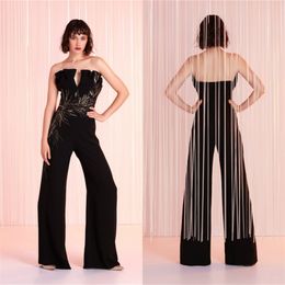 Cheap Sexy Black Evening Jumpsuit Appliqued Strapless Sleeveless Ruched Satin Prom Dress Backless Floor-length Custom Made Party Gown