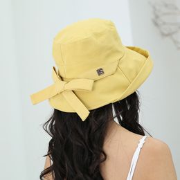 Spring Summer Women Wide Brim Sun Shade Cotton Fisherman Bucket Hats Bowknot Decor Ladies Solid Foldable Tourism Hat Sunhat