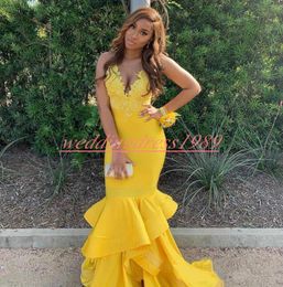 Modern V-Neck Yellow Prom Dresses Sleeveless Tiered Lace Mermaid African Black Girl Formal Party Evening Gowns Guest Wear Robe De Soiree