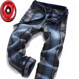 Mens Stripe Denim Jeans Casual Biker Slim Straight Pants Men Blue Splice Jeans 38 40 Plus Size
