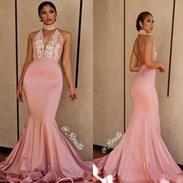 African Prom Dresses Sexy Backless Pink Formal Evening Dresses Lace High Collar Mermaid Party Gowns Black Girls Party Dresses