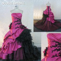 hand size chart UK - Colorful Wedding Dress High Quality Fuchsia Satin Ball Gown Strapless Bridal Dresses with Black Lace Appliques