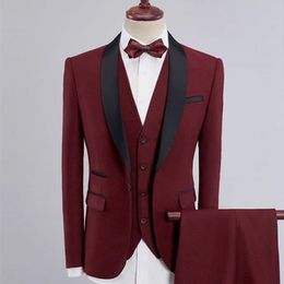 Dark Red Mens Suits Slim Fit Groomsmen Groom Wedding Tuxedos Shawl Lapel Business Party Prom Suit Bridegroom Suits Jacket Pants Vest