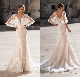 2019 Modern Mermaid Wedding Dresses Deep V Neck Appliqued Lace Sweep Train Beach Bridal Gowns Custom Made Boho Vestidos De Novia Bride Wear