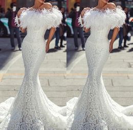 2020 New Sexy White Ivory Prom Dresses for Women Off Shoulder Mermaid Full Lace Feather Floor Length Formal Evening Dress Wear Party Gowns