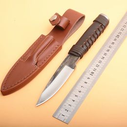 On Sale! Survival Straight Hunting Knife High Carbon Steel Drop Point Hand Forged Blade Full Tang Leather Handle