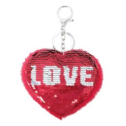 New Reversible Sequins Keyring Valentine Gift Love Keychain Pendant Key Ring Bag Charm Plush Heart Shape Key Chain Holder Red Colour
