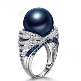 High Quality S925 Sterling Silver Wedding Rings For Women Natural Freshwater Blue Colors Big Pearl Jewelry Fashion Zircon Ring