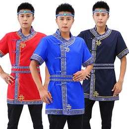 Short sleeve men oriental costume stand collar male mogolian clothing summer retro pattern jacket asia ethnic outfit