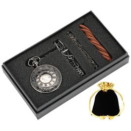 Classic Antique Black Skeleton Mechanical Hand Winding Pocket Watch Pendant Necklace Chain Gift Set with Box Best Presents