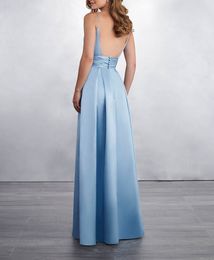 Light Sky Blue Bridesmaid Dress with Pockets Sexy Backless Floor Length Satin Bridesmaid Dresses Spaghetti Backless Long Party Gowns