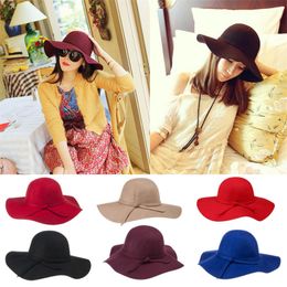 VINTAGE Womens Winter Cap Wide Brim Hat Imitation Wool Felt Bowler Fedora Hat Ladies Floppy Hats