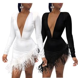 Women Solid Plunge Fluffy Irregular Party Dress Irregular Bodycon Mini Dress Fashion Casual Style Black and White