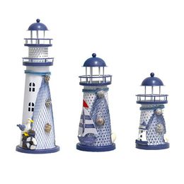 Mediterranean Style LED Lighthouse Iron Figurine Nostalgic Ornaments Ocean Anchor for Home Desk Room Wedding Decoration Crafts