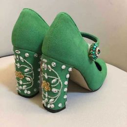 Free shipping 2020 VELOUR leather 10CM chunky diamond high heels Round toes Dress SHOES party wedding Mary Jane diamond Flower buckle Green