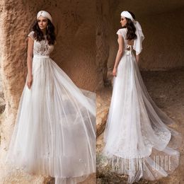 bohemian wedding dresses illusion a line lace appliques bridal gowns with detachable train summer beach dress
