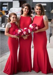 Red Mermaid Modest Bridesmaid Dresses With Cap Sleeves Beaded Short Sleeves Women Elegant Wedding Party Dress Modest Custom made