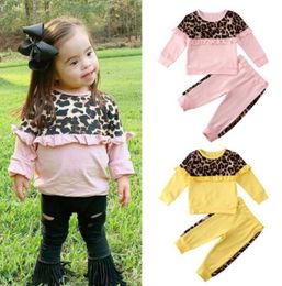 Toddler Girl Outfits Leopard Girls Tops Pants 2pcs Sets Ruffle Children Clothes Set Designer Boutique Baby Clothing 2 Designs 4lots DW4961