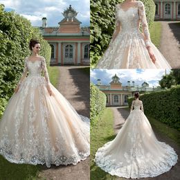 Elegant Ball Gown Wedding Dresses Jewel Long Sleeves Lace Appliques Castle Bridal Gowns 2020 Button Back Sweep Train Wedding Dress