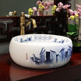 Chinese Antique ceramic sink wash basin Ceramic Counter Top Wash Basin Bathroom Sinks vanity sink blue and white round