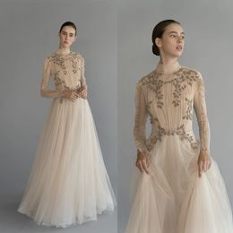 Sexy A Line Chana Marelus Wedding Dresses Long Sleeve High Neck Tulle Lace Beads Wedding Gowns Floor Length robe de mariée