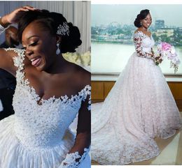 Fantastic Lace ball gown wedding dresses Plus Size 2020 Applique Long Sleeves See Though Back Jewel South African Wedding Dress robes de