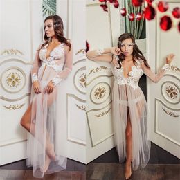 2020 Sexy Wedding BathRobes High V-neck Long Sleeve Chiffon Lace Sheer Nightgown For Women Custom Made Sweep Train Pyjamas Bridal Robe