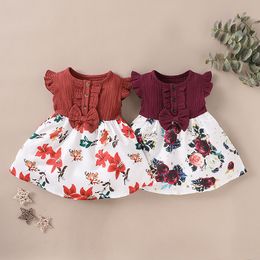 Summer Baby Girls Floral Dress Kids Flying Sleeve Bow Button Cotton Linen Princess Dresses Infants Flower Splice A-Line Dress Clothes M1915