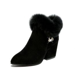2018 new winter Martin boots women plus velvet high heel thick with rhinestone women's booties black
