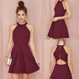 simple junior burgundy cocktail dresses halter short prom dress sleeveless evening party gowns cheap homecoming dress