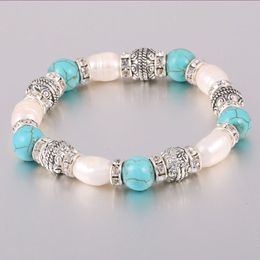 east indian beads UK - 10 Pcs Trendy Handmade Weave Strands Bracelet Green Turquoise Stone and Imitation Pearl for Women Silver Plated Jewelry