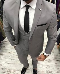 Light Grey Men Suit Slim Fit 3 Piece Skinny Groom Tuxedo Prom Suits Custom Terno Masculino Blazer Jacket+Pant+Vest Costume Homme