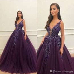 Newest Sexy Dark Purple Ball Gown Prom Dresses Deep V-Neck Sequins Appliques Tulle Sweep Train Custom Evening Party Gowns Customized