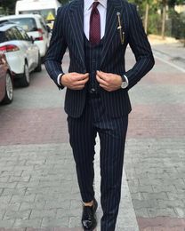 Newest Groomsmen Peak Lapel Groom Tuxedos Navy Blue with Stripe Men Suits Wedding/Prom/Dinner Best Man Blazer ( Jacket+Pants+Tie+Vest ) H7