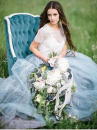 2020 NEW Fairy Beach Boho Lace Wedding Dresses High-Neck A Line Soft Tulle Cap Sleeves Backless Light Blue Skirts Bohemian Bridal Gown 2018