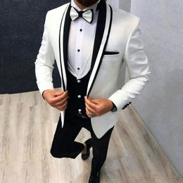 Custom White Suits for Wedding Tuxedos Groom Wear Black Shawl Lapel Groomsmen Outfit Man Blazer 3Piece trajes de hombre Costume Ho277A