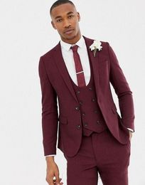 Burgundy Groom Tuxedos Notch Lapel Slim Fit Groomsman Wedding 3 Piece Suit Popular Men Business Jacket Blazer(Jacket+Pants+Tie+Vest) 2659