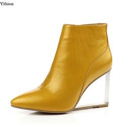 Rontic Women Winter Leather Ankle Boots Sexy Wedges High Heel Boots Pointed Toe Black Yellow Party Women Shoes US Size 4-9.5