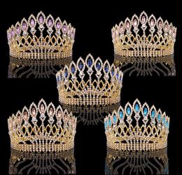 Queen Crown Full Round Tiara Wedding Bridal Hair Accessories Jewelry Red Green Blue Crystals Rhinestone Headband Princess Pageant Tall Crowns Headpiece Gold