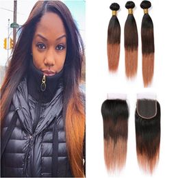 #1B 4 30 Ombre Straight Human Hair 3Bundles with Closure Black Brown to Medium Auburn Ombre Brazilian Hair Weaves with Lace Closure 4x4