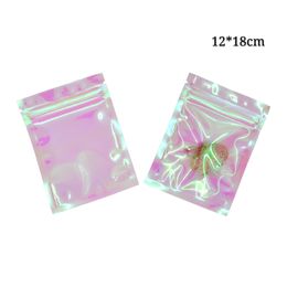 12*18cm 100pcs Holographic Dry Food Storage Bags Colorful Rainbow Mylar Foil Grocery Zip Lock Package Recloseable Pouches Bags