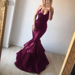 Bling Bling Burgundy mermaid Tiered Mermaid evening Dresses sequined Hot Sexy Maxi Gowns for Charming Buxom Women Custom Made Celebrity Gown