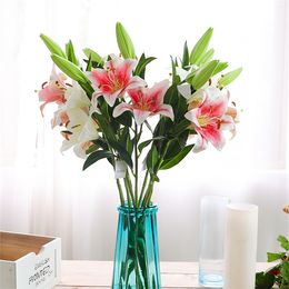 NewArtificial flower Lily flowers 3 hands feel lilies artificial flower wedding home decoration flowers plants simulation potted flowers5982