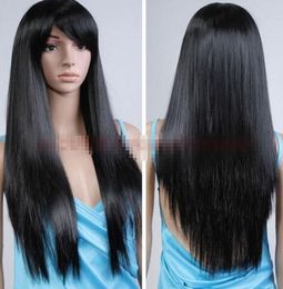 FREE SHIPPIN + + New Hot Fashion Long Girl Wavy Bangs Lady's Cosplay Women Hair Full Wig Black heat resistant Fibres Hair wigs