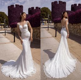 2020 Sexy Backless Mermaid Wedding Dresses Lace Appliqued Bead V Neck Country Bridal Gowns Custom Made Sweep Train Beach Wedding Dress