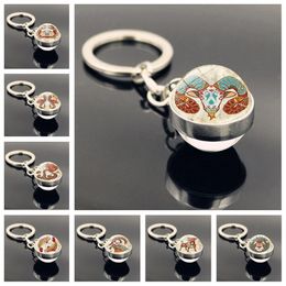 12 Constellation Time Stone Retro Keychain Double-sided Glass Ball Charm Metal Keychain Keyring Creative Men Women Jewellery Best Friend Gifts