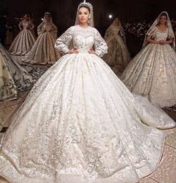 civil wedding gown UK - Luxury Ball Gown Muslim Wedding Dresses Puffy Skirt Long Sleeve Jewel Neck Beaded Lace Appliqued Princess Garden Civil Bridal Wedding Gowns