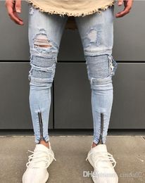 Мужчины Light Blue Байкер джинсы Denim Разорванные Дыры Тонкий вечеря Тощий Hip Hop Heans для мужчин