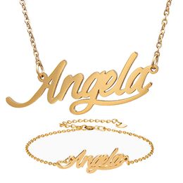 Name Necklace Bracelet Set for women Jewellery Stainless Steel " Angela " Script Letter Gold Choker Chain Necklace Pendant Nameplate Gift
