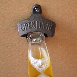 Wall-mounted Beer Bottle Opener Open Here Wall-mounted Beer Bottle Opener Cast Iron Bronze Retro Opener Kitchen Bar Tools LX2059